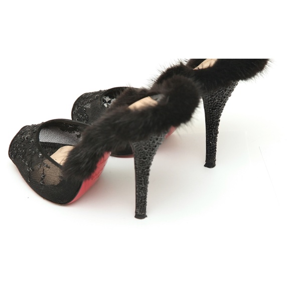 CHRISTIAN LOUBOUTIN Black Mule NUTRIA 120 Fur Crystals Lace Netting Leather 38.5 - Picture 8 of 10